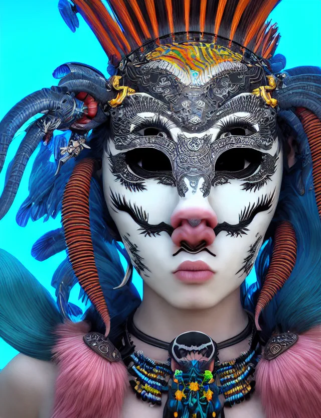 Image similar to 3 d photo realistic goddess close - up profile portrait punk with mohawk with ram skull. beautiful intricately detailed japanese crow kitsune mask and clasical japanese kimono. betta fish, jellyfish phoenix, bio luminescent, plasma, ice, water, wind, creature, artwork by tooth wu and wlop and beeple and greg rutkowski