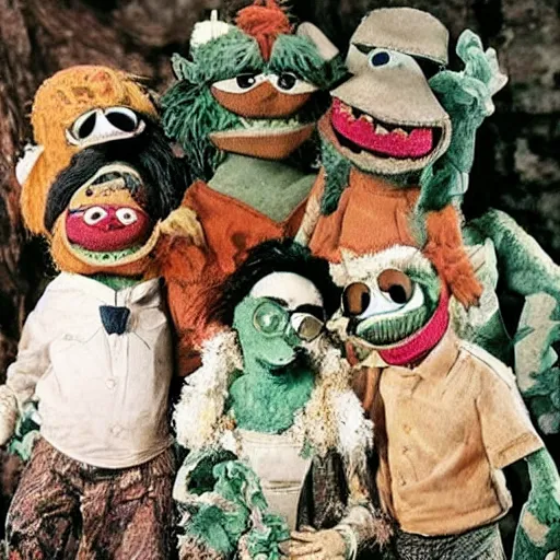 Prompt: zombie fraggle rock muppets, family photo of zombie muppets, photo from the 7 0 s