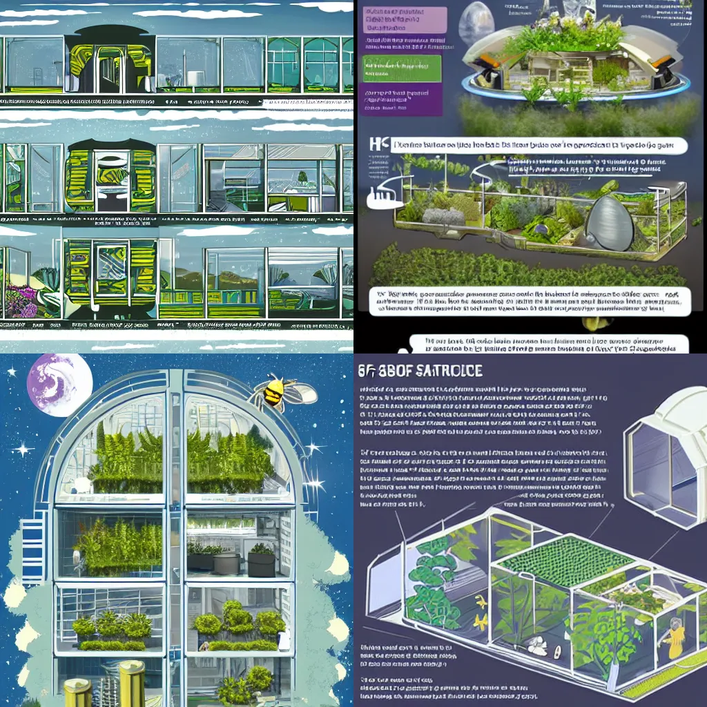 Prompt: intricate sf illustration / infographic released by a space corporation for their newest habitat module with integrated garden, glass windows, bee garden