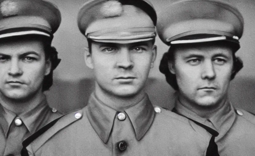 Image similar to 50s movie still close-up portrait of three soviet officers with very detailed faces in a stalinist style hall, by Angust Sander, Cinestill 800t 35mm black and white, heavy grainy picture, very detailed, high quality, 4k, HD criterion, precise texture, diverse faces, diverse haircuts, diverse ages, each faces precisely define