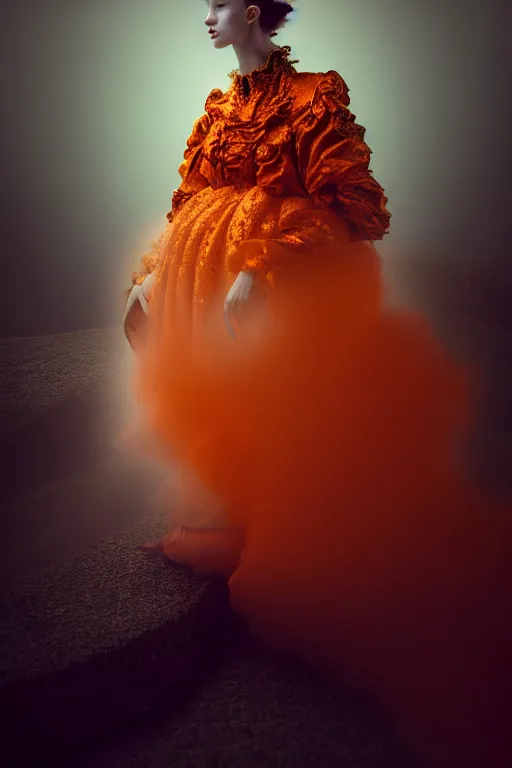 Prompt: a model wearing baroque and fururistic clothing, luxury materials, macro photography, long exposure photograph, surrealism, anamorphic bokeh, cozy, soft light, cyan and orange, caustic, atmospheric fog, octane render, cinematic