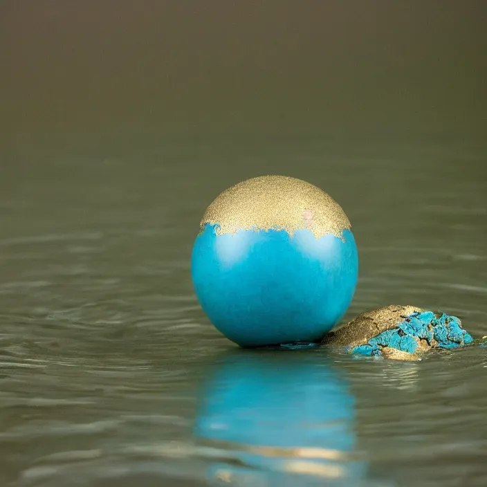 Image similar to a color photograph, closeup portrait of a woman wrapped in gold, standing next to a levitating turquoise orb, in a foggy lake, color photograph, by vincent desiderio, canon eos c 3 0 0, ƒ 1. 8, 3 5 mm, 8 k, medium - format print