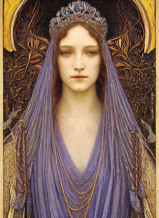 Image similar to detailed realistic beautiful young medieval queen portrait by jean delville, art nouveau, symbolist, visionary, gothic