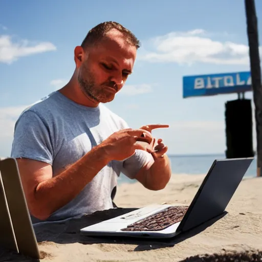 Prompt: man working on laptop at sunny beach, by ilya kuvshinnikov, perfect face, fine details