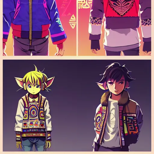 Image similar to majora majora's mask wearing oversized mayan bomber jacket with overalls, bulky poofy bomber jacket with mayan patterns, aztec street fashion, botw art style, gapmoe yandere grimdark, trending on pixiv fanbox, painted by greg rutkowski makoto shinkai takashi takeuchi studio ghibli, akihiko yoshida