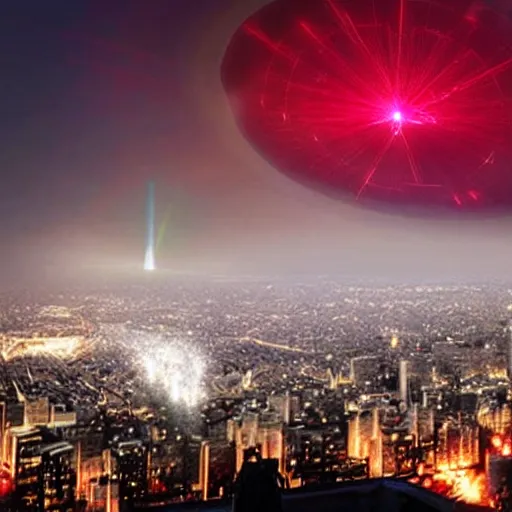 Image similar to ufo throwing laser beams over a city, destroying buildings, people scared and scaping, the sky is red