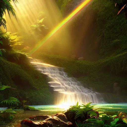 Prompt: great jungle turquiose waterfall, highly detailed, mist, god rays, cinematic, cinematic lighting, ultra details, cinematic, digital painting, artstation