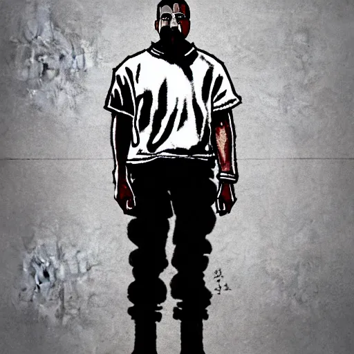 Image similar to a full body drawing of Kanye West in the style of Hideaki Anno, animation, concept art