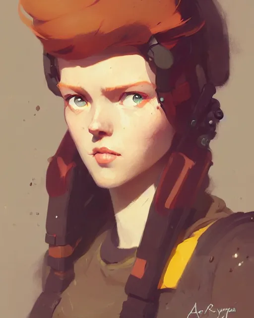 Image similar to hyper - realistic portrait of beautiful ginger female adventurer by atey ghailan, by greg rutkowski, by greg tocchini, by james gilleard, by joe fenton, by kaethe butcher, dynamic lighting, gradient light yellow, brown, blonde cream and white color scheme, grunge aesthetic