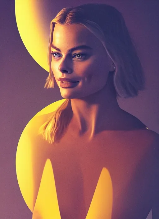 Image similar to beautiful Margot Robbie in a Solarpunk leather robe, accurate anatomy, abstract sun in background, shiny soft skin, soft lighting, sharp details, warm colors, full body portrait, 35 mm film, subsurface scattering, lens flare