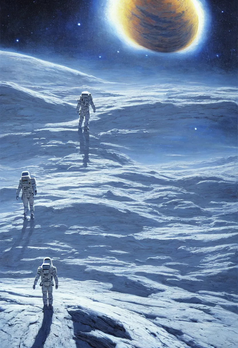 Image similar to an epic painting of a futuristic solitary astronaut walking along an airless icy planet in the endless starry night of space, unreal 5, DAZ, detailed, soft focus, brilliant, 4k, 8k, HD, trending on artstation, art by Rick Guidice painting by Robert McCall by John Harris, abstract