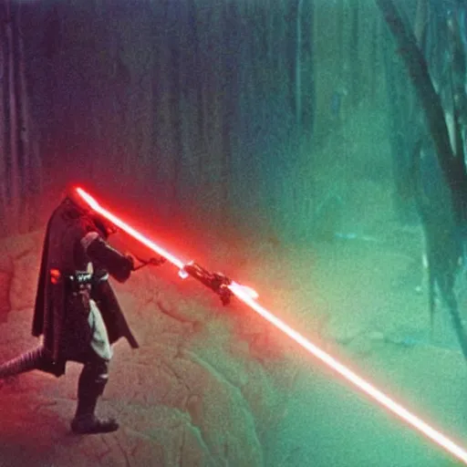 Prompt: 35mm film still jedi mandalorian training with laser sword on an epic mountain, blade runner set in a rainy tropical forest, cool colors, moody, by Alex grey