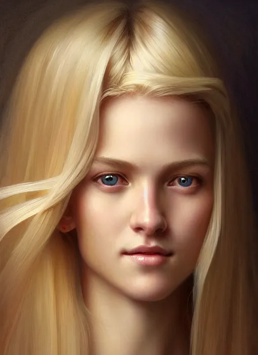 Image similar to beautiful feminine face! portrait of young woman blessed by god with ever - increasing physical and mental perfection, blonde hair, symmetrical! intricate, elegant, highly detailed, vision of holy perfection!! smile, digital painting, artstation, concept art, smooth, sharp focus, illustration, art by artgerm and greg rutkowski and alphonse mucha