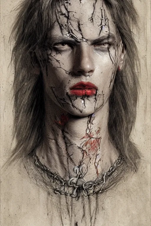 Image similar to portrait of beautiful young gothic man, warhammer, a lot of scars, the middle ages, highly detailed, artstation, illustration, art by max ernst, 8 k quality