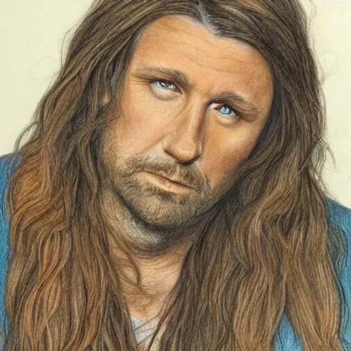 Image similar to colored pencil sketch of a Canadian singer-songwriter, 44, with long brown hair and sad eyes