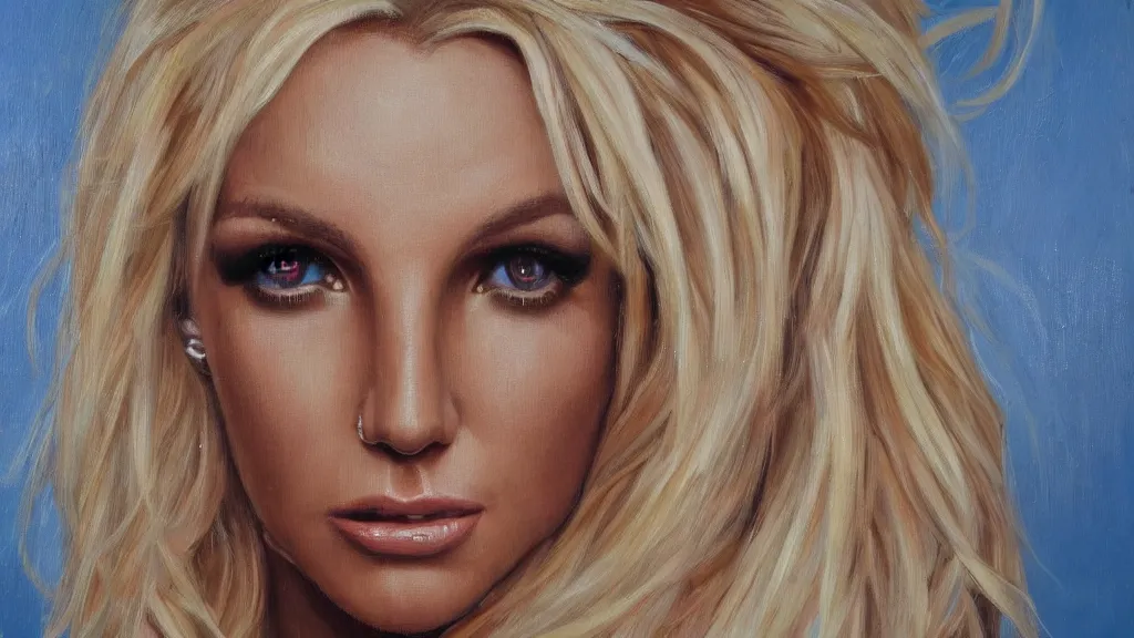 Image similar to A portrait painting of britney spears; the most beautiul painting in the world; trending on artstation; oil on canvas; correct face; correct eyes; anatomically correct; extraordinary masterpiece!!!!!!; 8k