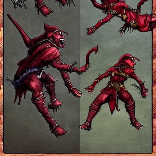 Prompt: d & d red skinned rogue tiefling, duel wielding daggers leaping jump attack, using dwarf as stepping stone, jump from dwarf to enemy, walk over dwarf, fantasy, concept art highly detailed