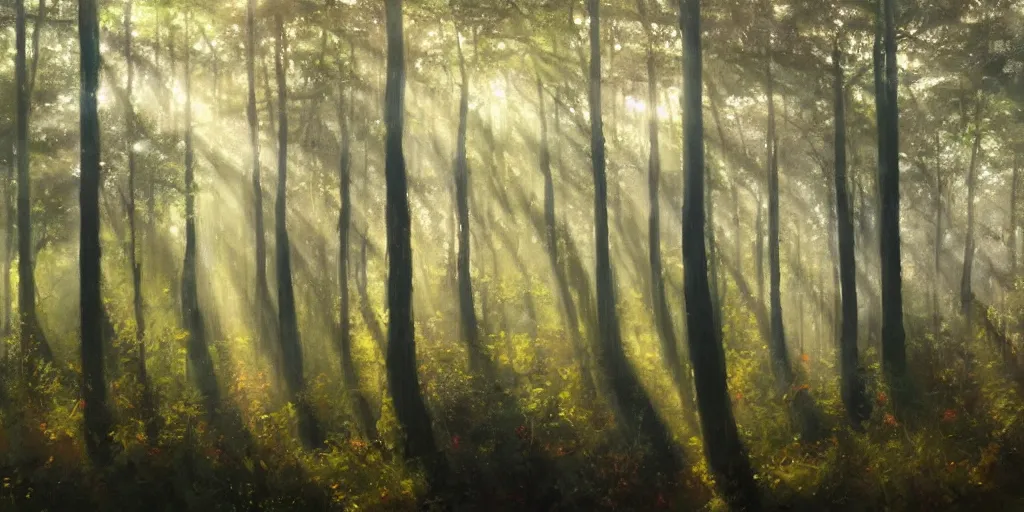 Image similar to An oil painting of an intensely beautiful forest in the morning; rays of light coming through the canopy; trending on artstation