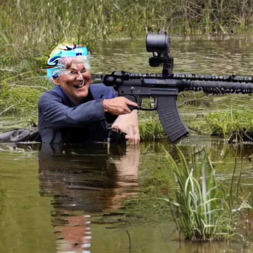 Prompt: joe biden rising out of swamp water with an ar 1 5