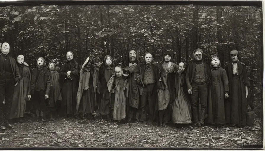 Prompt: photo of 19th century evil cultists hiding in deep dark forest by Diane Arbus and Louis Daguerre