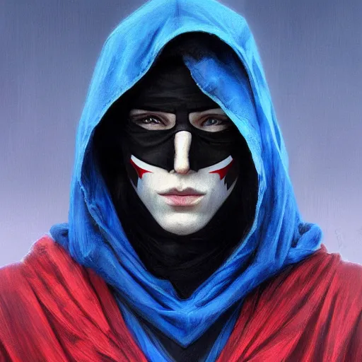 Image similar to ultra realistic illustration, man with black hair with a black mask, in blue hood, red and blue eyes, highly detailed, digital painting, artstation, concept art, smooth, sharp focus, illustration, art by artgerm and greg rutkowski and alphonse mucha