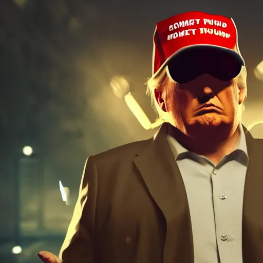 Prompt: Donald Trump as Duke Nukem, splash art, movie still, cinematic lighting, dramatic, octane render, long lens, shallow depth of field, bokeh, anamorphic lens flare, 8k, hyper detailed, 35mm film grain