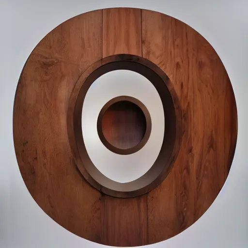 Image similar to circle shaped sculpture, curves, wood, colored lights, portal