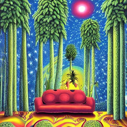 Prompt: psychedelic trippy pineapple pine forest, planets, milky way, sofa, cartoon by rob gonsalves