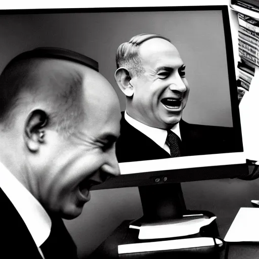 Prompt: benjamin netanyahu laughing at computer screen, in office, alone, black background, by norman rockwell