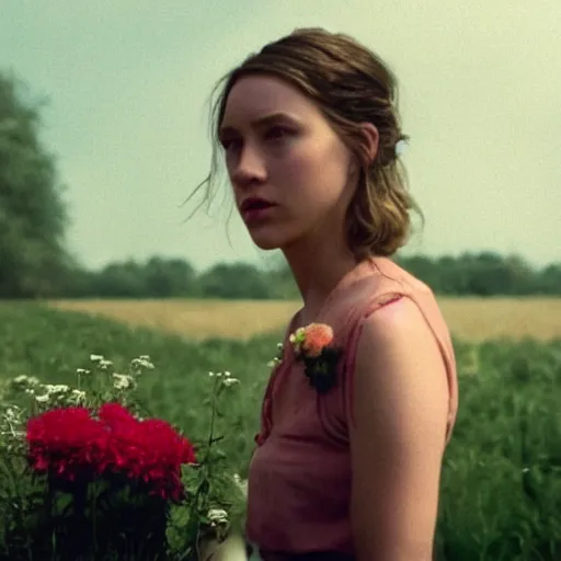 Prompt: movie still of the girl with the flowers instead of head, cinematic composition, cinematic light, by edgar wright and david lynch