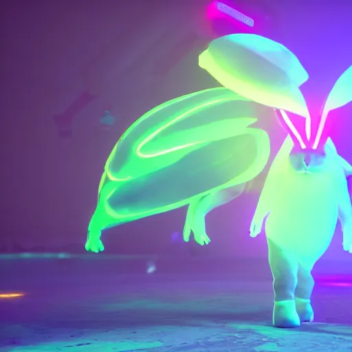 Image similar to neon fluorescent, iridescent cute bunny rabbits with fairy wings cyperpunk 2 0 7 7, unreal engine 5, 8 k ultra realistic, hyperdetailed, volumetric lighting, extremely high quality