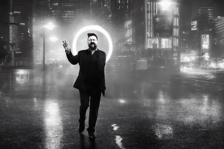 Image similar to a cinematic photograph of ricky gervais walking through a dystopian city street with a halo around his head, rain falls, neon advertisement light up the street, ultra realistic, high definition