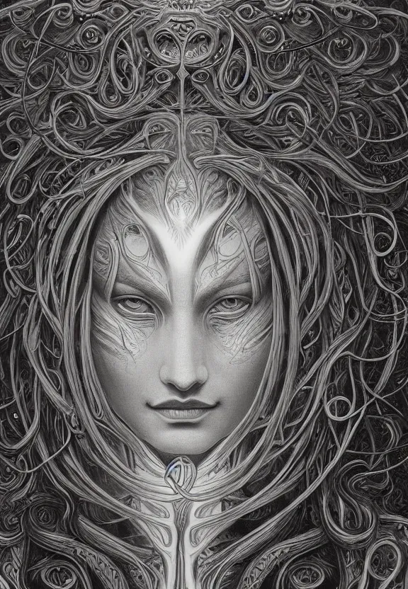 Image similar to perfectly centered portrait front view of a beautiful biomechanical moon goddess, flowing hair, intense stare, sweet smile, symmetrical, concept art, intricate detail, volumetric shadows and lighting, realistic oil painting by alex grey and gustave dore,