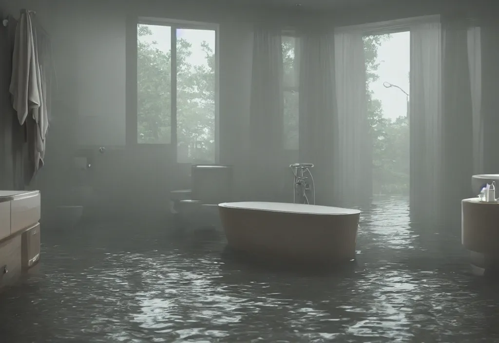 Prompt: kodak portra 4 0 0 photographic and realistic, interior of a bathroom, detailed, octane render, unreal engine, 4 k, artstation, hyper realistic, wide angle, floor flooded, how a river, objects that float, 3 5 mm, sharp focus, soft light, volumetric light, in the style of gregory crewdson