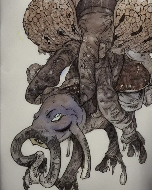 Image similar to Loxodon Druid covered in mushrooms, drawn by Yoji Shinkawa, water color, Dungeons and Dragons, Wizards of the Coast, full shot
