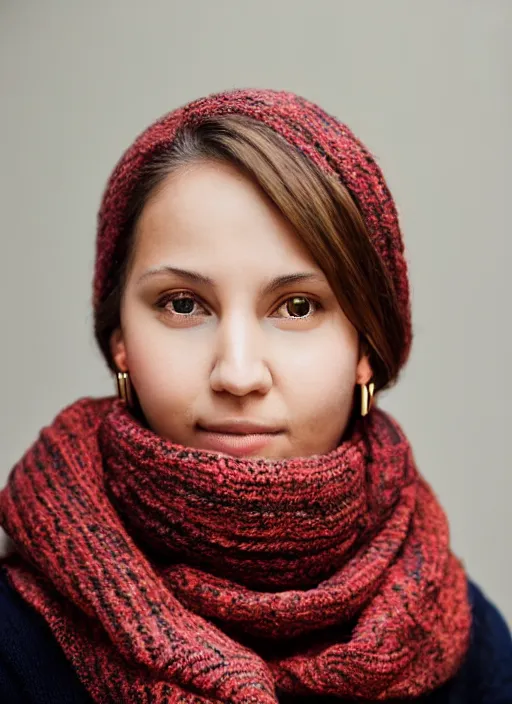 Prompt: portrait of a 2 3 year old woman, symmetrical face, scarf and round earrings, she has the beautiful calm face of her mother, slightly smiling, ambient light