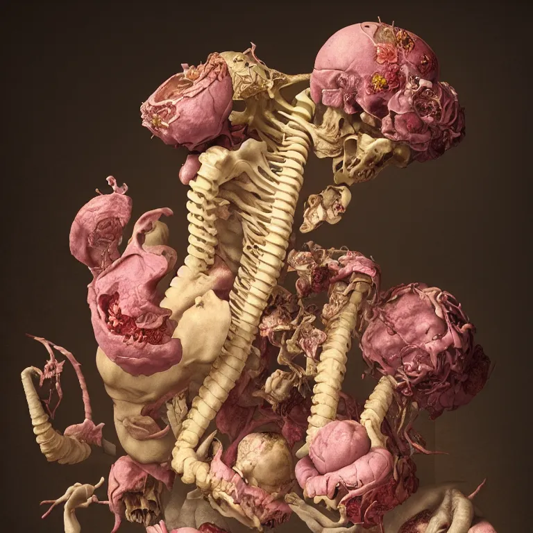 Image similar to still life of rotten flesh, beautiful pastel flowers, human spine, colorful mold, baroque painting, beautiful detailed intricate insanely detailed octane render, 8K artistic photography, photorealistic, chiaroscuro, Raphael, Caravaggio