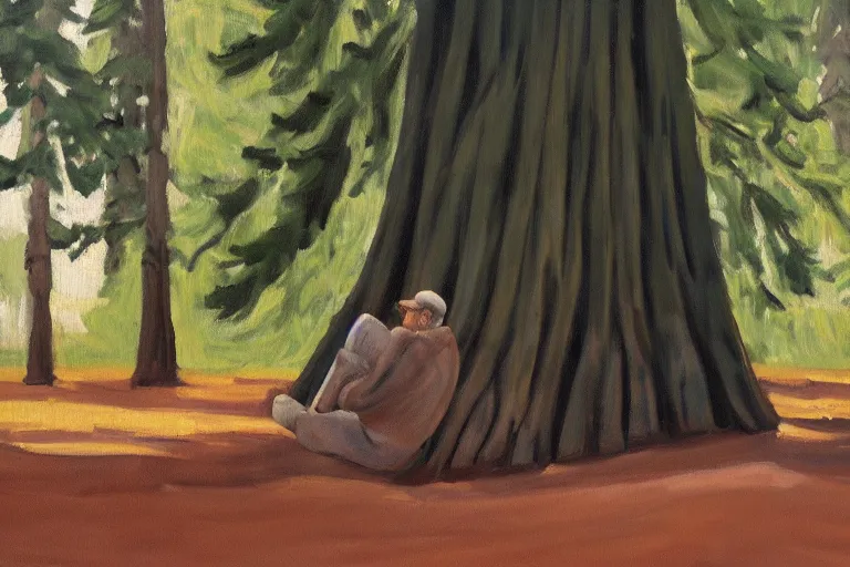 Prompt: a small figure of a man sitting under giant sequoia tress, tranquil, silent, solemn, oil painting, minimalist