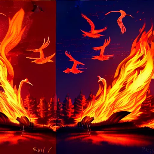 Image similar to in the lower part of the picture is the harp burning in the fire, above are cranes flying in flames, digital painting, concept art