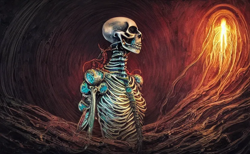 Prompt: psychedelic skeleton with trinket necklace, looking upward, epic angle and pose, reflective pool, symmetrical artwork, ayahuasca, translucent, fungus, energy flows of water and fire, highly detailed, epic cinematic concept art, excellent composition, dystopian brutalist atmosphere, dynamic dramatic lighting, aesthetic, very inspirational, arthouse, Greg Rutkowski, Artgerm