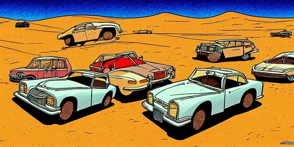 Prompt: vintage cars in a desert, cartoon, moebius style