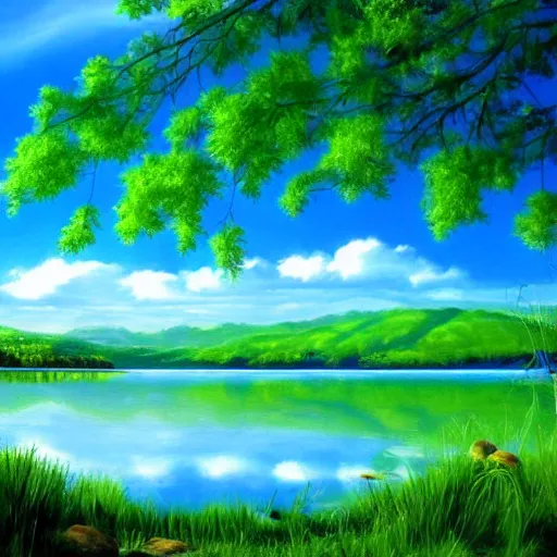 Prompt: wallpaper, beautiful scenery, painting, blue and green, dreamy sky, near a lake