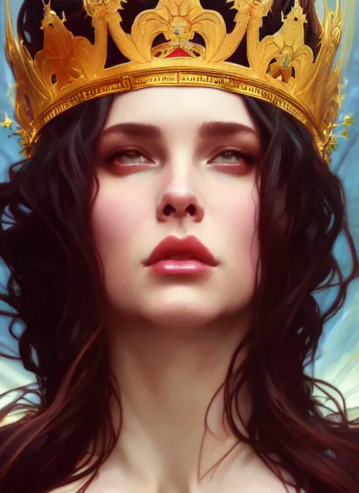 Image similar to lana rhoades as queen, incredibly detailed face, true anatomy, art by artgerm and greg rutkowski and alphonse mucha