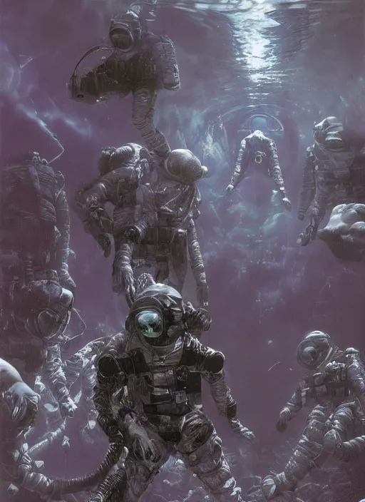 Image similar to astronauts in dark void underwater - complex and hyperdetailed technical suit. reflection and dispersion materials. rays and dispersion of light. volumetric light. f / 3 2. noise film photo. flash photography. ultra realistic, wide angle. poster by wayne barlowe, hajime sorayama aaron horkey, craig mullins