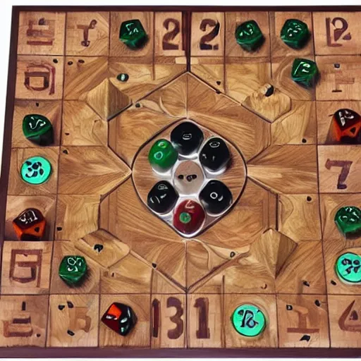 Prompt: game board made in wood, fantasy, with dice, epic, cinematic, thriller