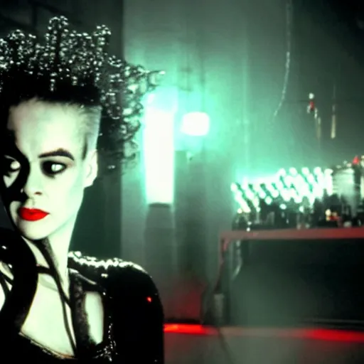 Prompt: cinematic portrait of bride of frankenstein as a replicant in a busy nightclub, frightened and angry, still from the movie ex machina, fashion photography, a neon sign is in the background