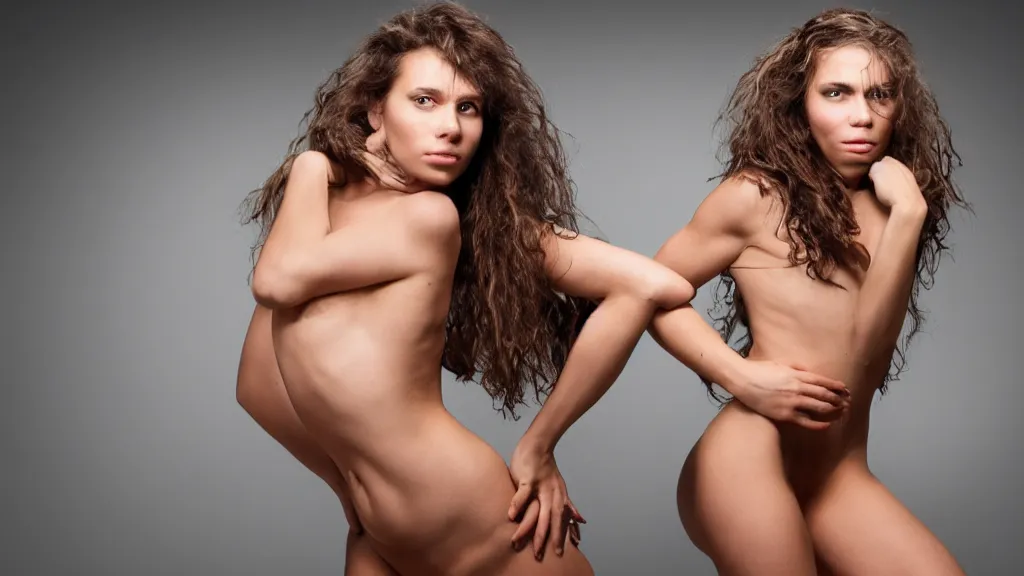 Prompt: a stunning neanderthal girl, posing for a revealing magazine cover photo, studio lighting