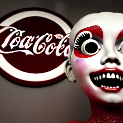 Image similar to 3 d render of the coke logo personified as a soda themed girl, large creepy eyes, extremely detailed and colorful eyes, soda themed girl, hyper detailed money sign pupils, tim burton, junji ito, her forehead has the coke logo carved into it, dollar sign pupils, extremely uncomfortable, money everywhere, cash falling, coke flood, blender 3 d, unreal engine