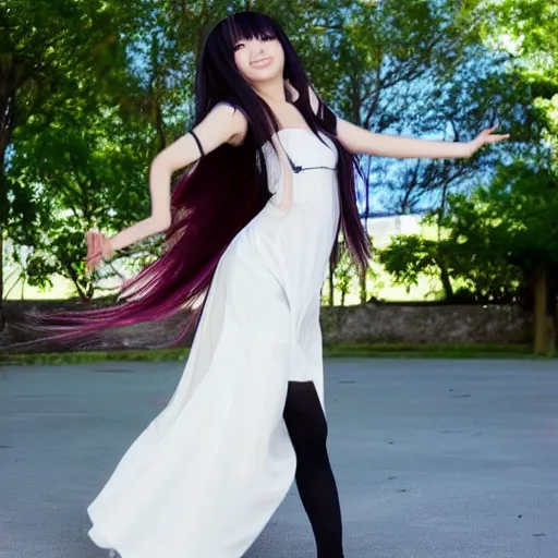 Image similar to A girl with long white hair is dancing, her hair is very flowing by yoneyama mai