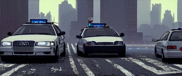 Image similar to NYPD cop cars chasing a Audi A4 B6 Avant (2002), a gritty neo-noir, dramatic lighting, cinematic, establishing shot, extremely high detail, photorealistic, cinematic lighting, artstation, by simon stalenhag, Max Payne (PC) (2001) winter new york, eldritch horror, police car chase